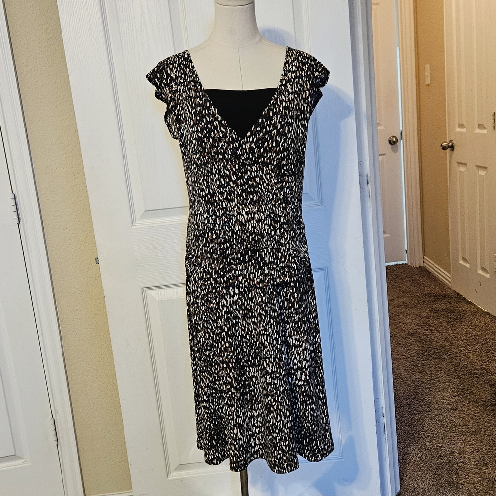 Connected Apparel Brown White and Black Midi Sundress with V-Neck Size 12
